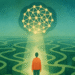 Watercolor-style illustration of a person standing at the center of a complex maze, illuminated by a beam of light pointing to a glowing neural network above, symbolizing artificial intelligence guiding rare disease diagnosis through complex biomedical pathways.