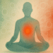 Watercolor illustration of a human figure in a meditative seated pose with a glowing red-orange center in the chest, symbolizing chronic inflammation and immune response in the body. Background gradients of green and red represent balance and inflammation in rare diseases.