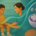 Illustration of a child receiving Enzyme Replacement Therapy (ERT) via IV infusion, with a healthcare provider offering support and a symbolic enzyme delivery process visualized at the cellular level, representing treatment for Lysosomal Storage Diseases (LSDs).
