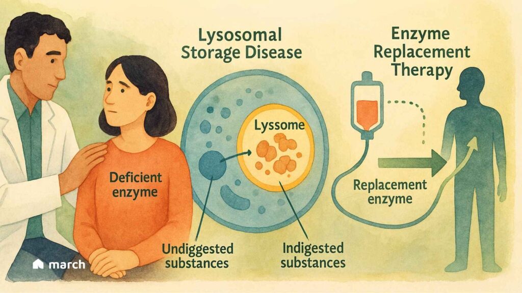 Educational illustration showing the mechanism of Lysosomal Storage Disease and Enzyme Replacement Therapy, including a deficient enzyme causing undigested substances in lysosomes and the therapeutic infusion of replacement enzymes into the body.