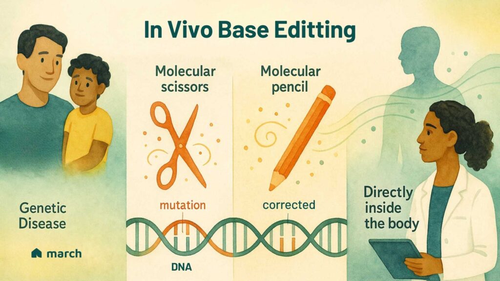 Illustration comparing molecular scissors and molecular pencil to explain in vivo base editing for rare genetic diseases, showing DNA mutation correction and targeted therapy delivered inside the body.