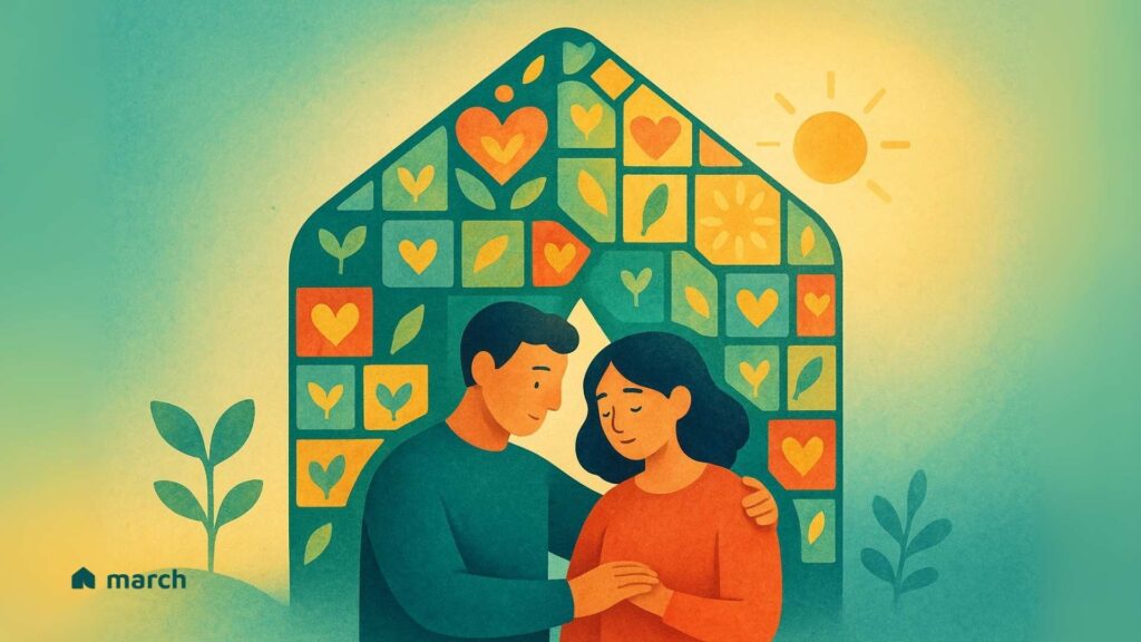 Illustration of two people finding comfort and support under a symbolic quilted house, representing the warmth and care of a rare disease community built with compassion and trust.