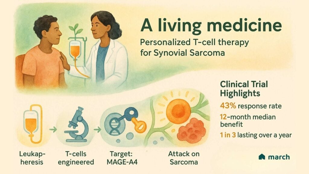 Illustration of personalized T-cell therapy process for synovial sarcoma showing leukapheresis, MAGE-A4 targeting, and clinical outcomes