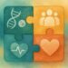 Illustration of four puzzle pieces symbolizing a rare disease community, featuring icons for DNA, healthcare, people, and a heart, representing inclusion, health, and connection.