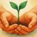 Illustration of two hands gently holding soil with a green seedling sprouting, symbolizing hope and new therapy for WHIM syndrome