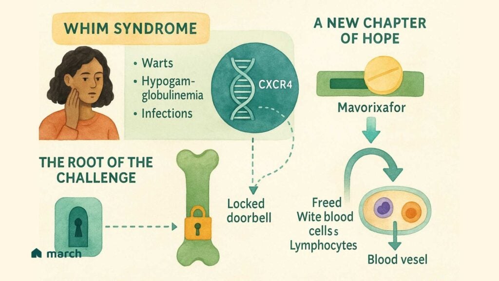 Infographic explaining WHIM syndrome and how mavorixafor therapy works by unlocking CXCR4 to release white blood cells into the bloodstream