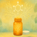 Watercolor-style illustration of an orange medicine bottle with its white cap off, glowing with golden branching patterns and a central molecule structure rising from within. In the background are faint illustrations of body organs and a DNA strand, symbolizing drug repurposing and its broad therapeutic potential for rare diseases.